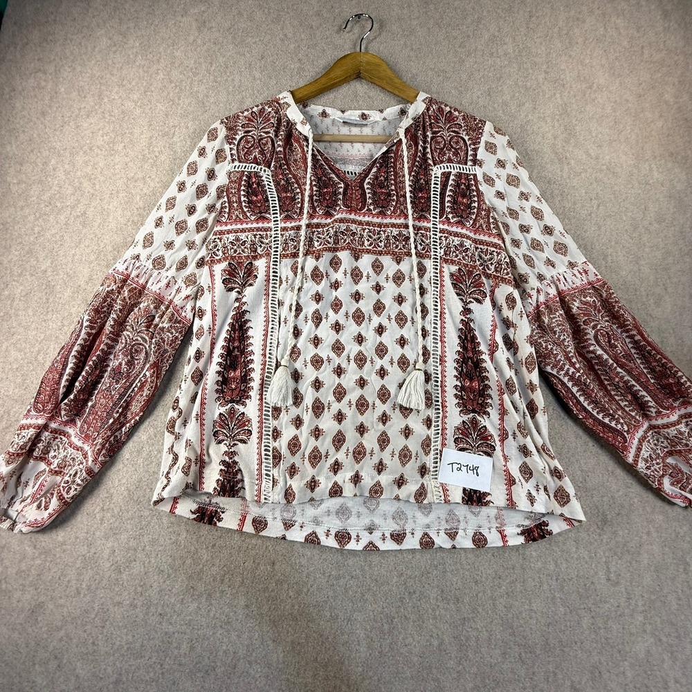 Boho Red Paisley Medallion Peasant Blouse Tassel Tie Crochet Lace Top Womens S